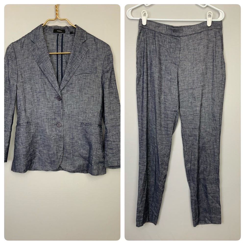 Theory Sz 2 Linen Suit Linworth Blazer Tierra Blue Deep‎ Denim Chambray Office